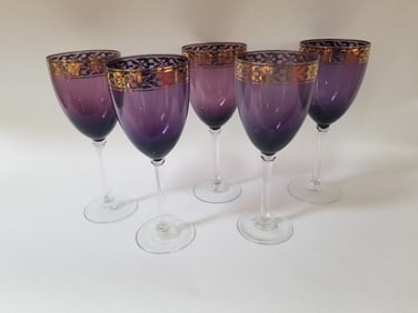 5 gilded water/wine glasses