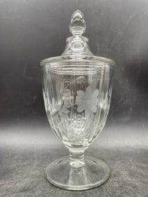 Vintage Etched Clear Glass Floral Pedestal Apothecary Jar Candy Dish w/Lid