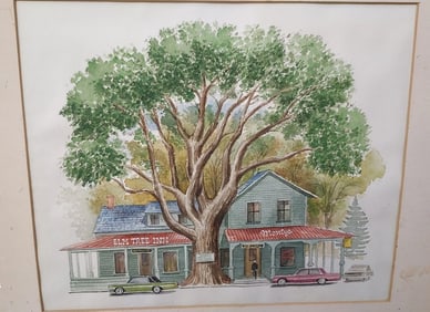 Monty's Elm Tree Inn watercolor 1960 Storefront Keene NY 200 years old