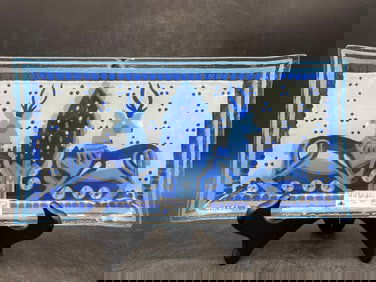 Andreas Meyer Judaica Blue Deer Fused Glass • Nahariya •Hand Made Israel •Signed