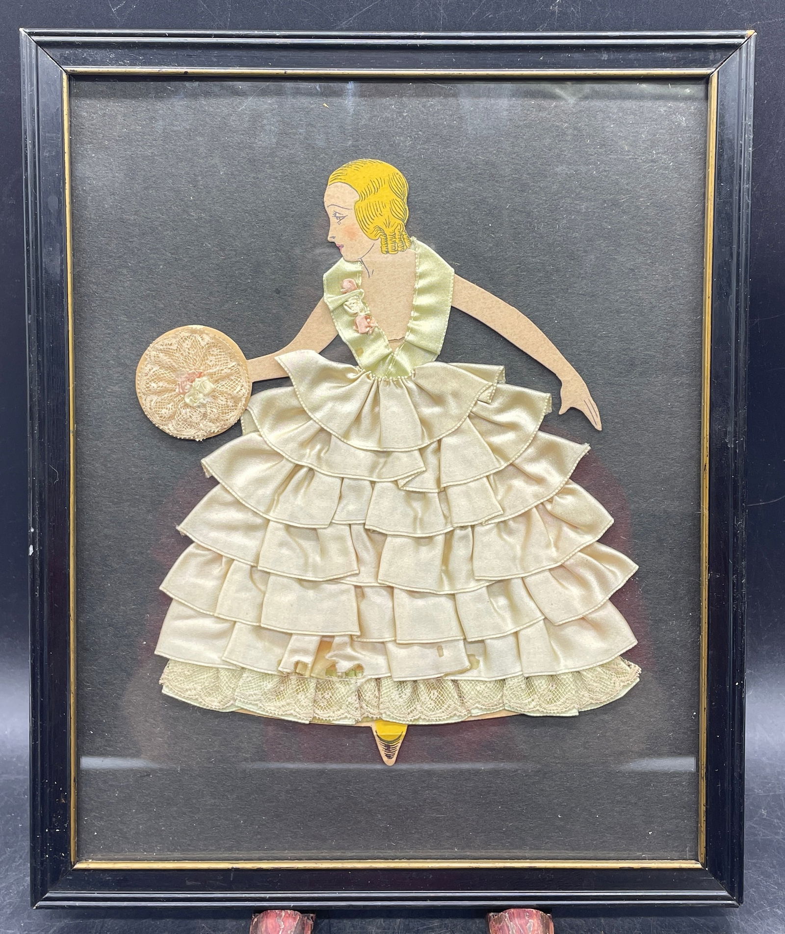 Vintage Antique 1920s Framed Ribbon Art Paper Doll Picture (1 of 8)