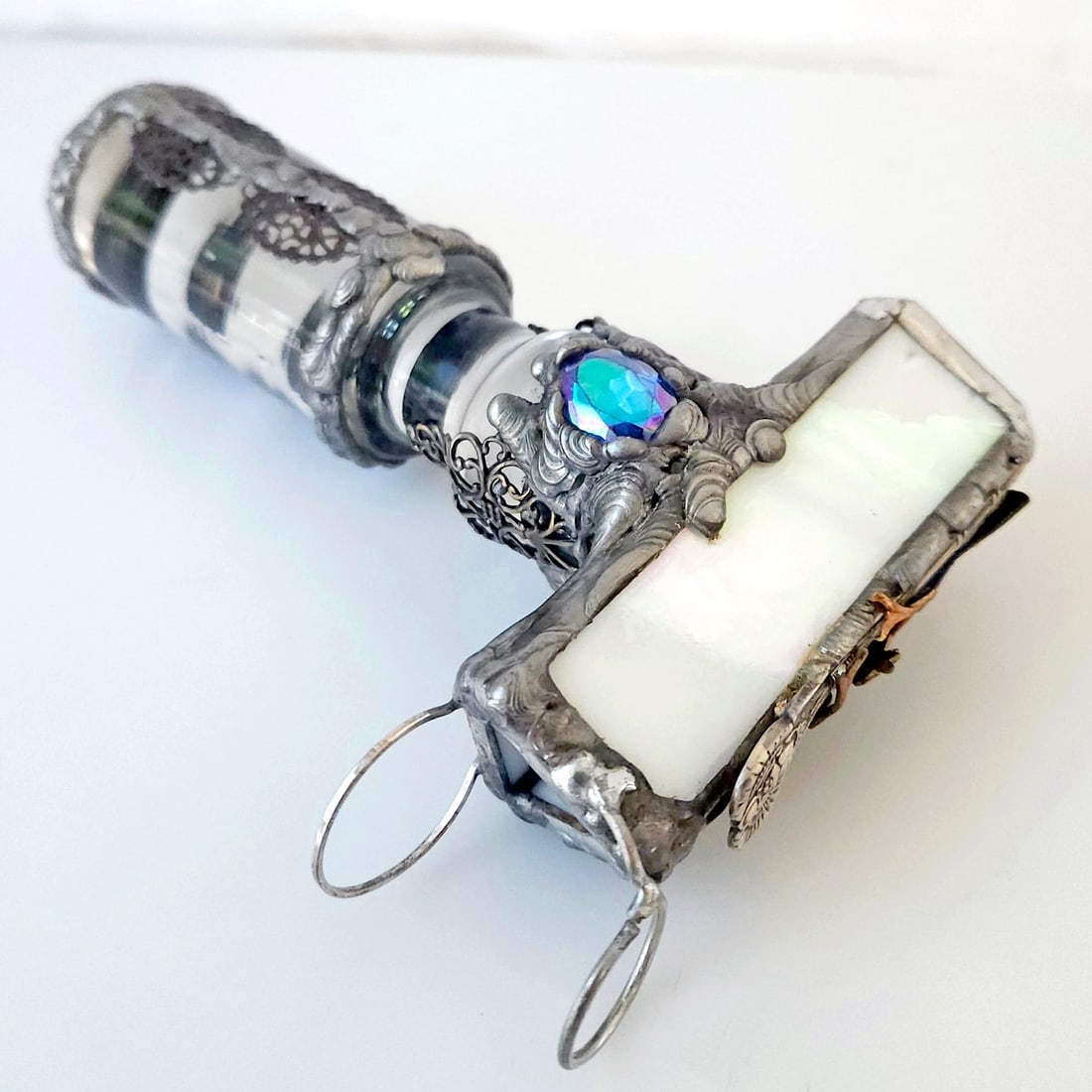 Ornate Filigree Kaliedoscope Handmade with Pewter, Copper and Stained Glass: Title: Ornate Filigree Kaliedoscope Handmade with Pewter, Copper and Stained Glass Description: This is an amazing piece of artwork. Handmade from various metals which appear to be copper, pewter and