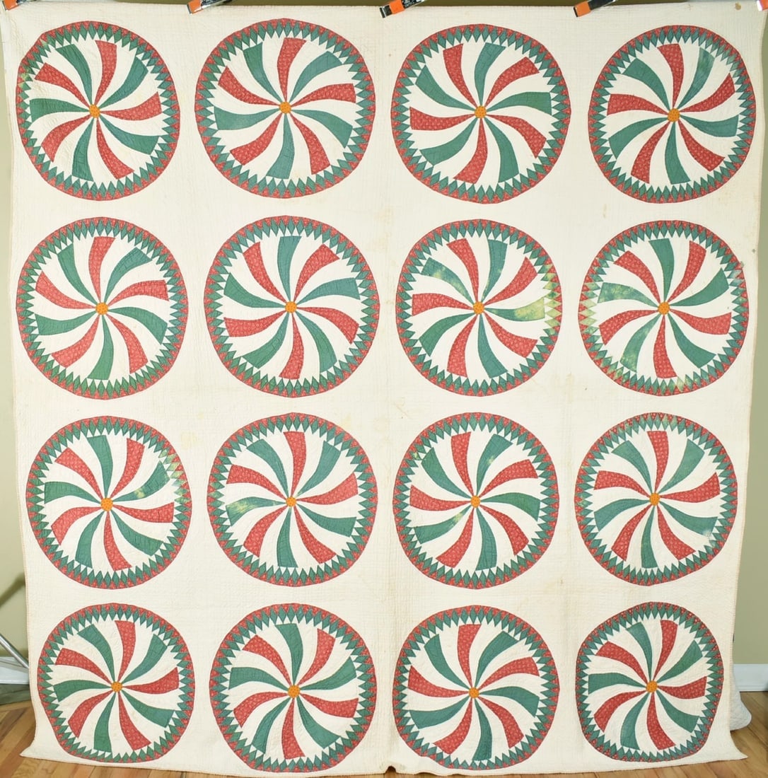 Rare 1850's Wheel of Fortune Quilt: Title: Rare 1850's Wheel of Fortune Quilt Date: 1840's / 1850's Origin: Ohio Material: Cotton Dimension [INCHES]: 92" X 98" Provenance: Cotton 1840's / 1850's sawtooth wheel / "pyrotechnics" / "wheel 
