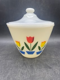 Vintage Fire King Tulip Ivory Oven Glass Grease Jar with Lid