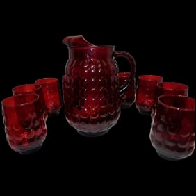Anchor Hocking Ruby Red Bubble Glass Pitcher and 8 Ice Tea Glasses