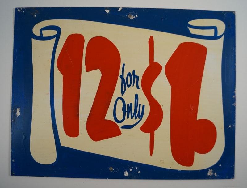 Soda Fountain Tin Trade Sign Country Store #1: Title: Soda Fountain Tin Trade Sign Country Store #1 Dimension: 9” tall x 12” wide. Date: Ca. 1940’s. Additional Information: Offering a red, white and blue tin Advertising Trade Sig