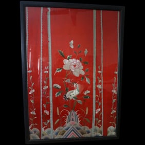 21x31 Red silk forbidden stitch CHINESE antique textile framed