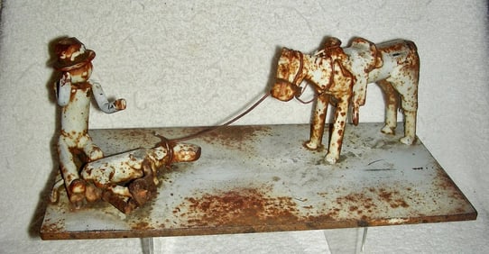 Metal Sculpture Cowboy & Horse Branding Calf