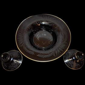 Vintage Fostoria Ebony Black Glass Fern Etched Footed Console Bowl