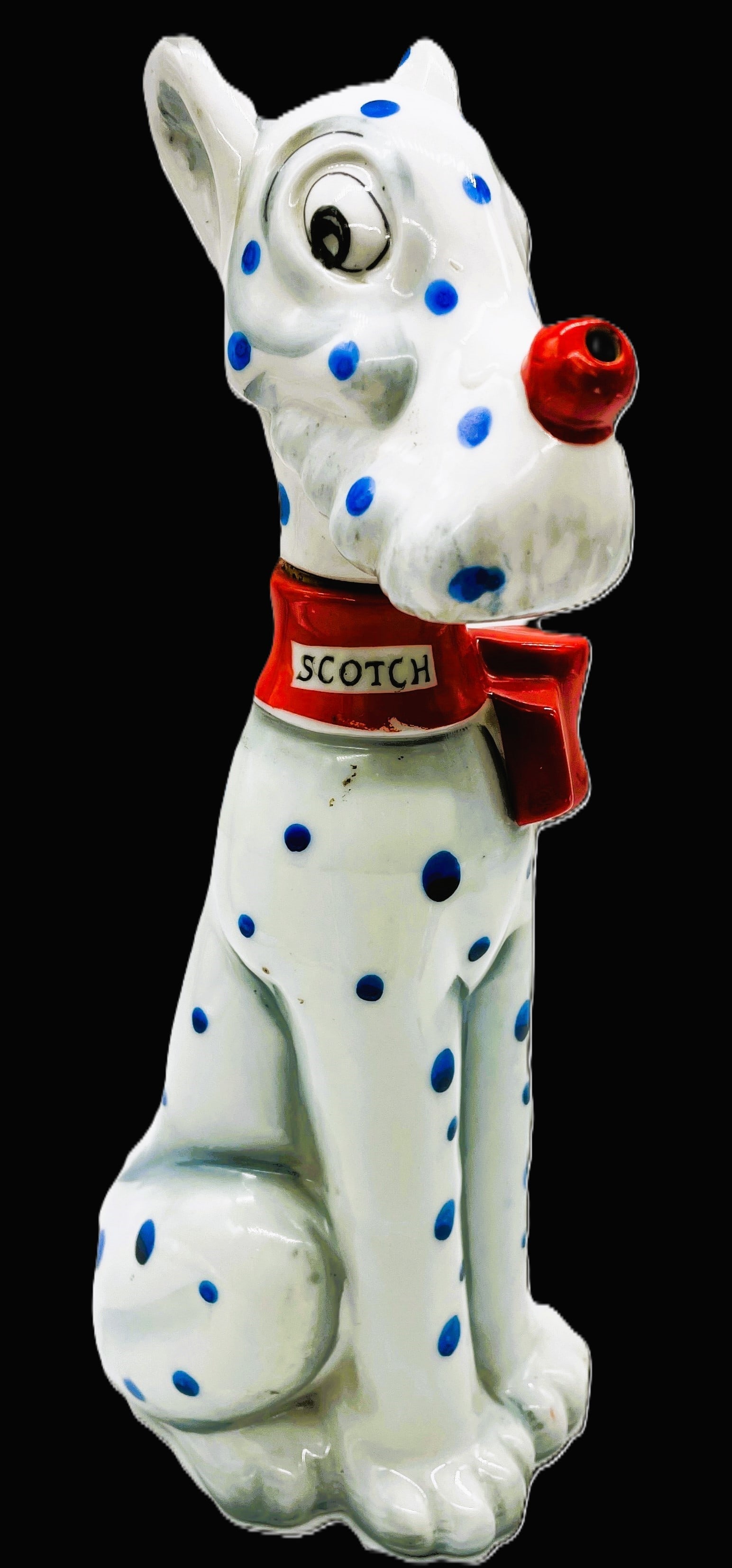 VINTAGE PORCELAIN SPOTTED SCOTTISH TERRIER DOG SCOTCH DECANTER BOTTLE JAPAN: Title: VINTAGE PORCELAIN SPOTTED SCOTTISH TERRIER DOG SCOTCH DECANTER BOTTLE JAPAN Date/Period: APPROX 1950'S Dimension: approx 10 x 4 x 4 Material: CERAMIC Additional Information: VINTAGE PORCELAIN S
