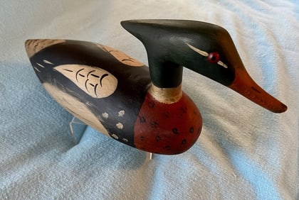 Merganser Decoy w/ Carved Crest & Glass Eyes, Early-Mid 20th C.