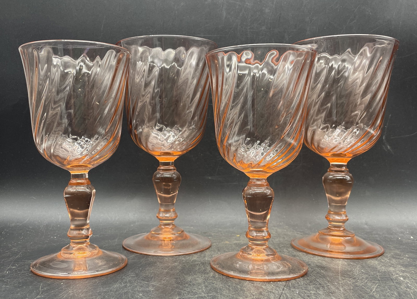 4 Pink Depression Glasses Stemware: Title: 4 Pink Depression Glasses Stemware Date/Period: approx 1950's Dimension: 2 are 5.25" and the other 2 are 6.25" Material: glass Additional Information: VINTAGE LUMINARC FRANCE ROSALINE GOBLETS I