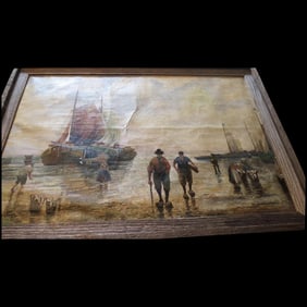 Antique Oil painting signed Hennings Peasants on Fishing Boat
