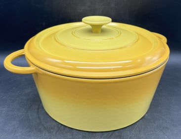 Vintage Yellow Enamel Round Cast Iron Dutch Oven 26 Made In France