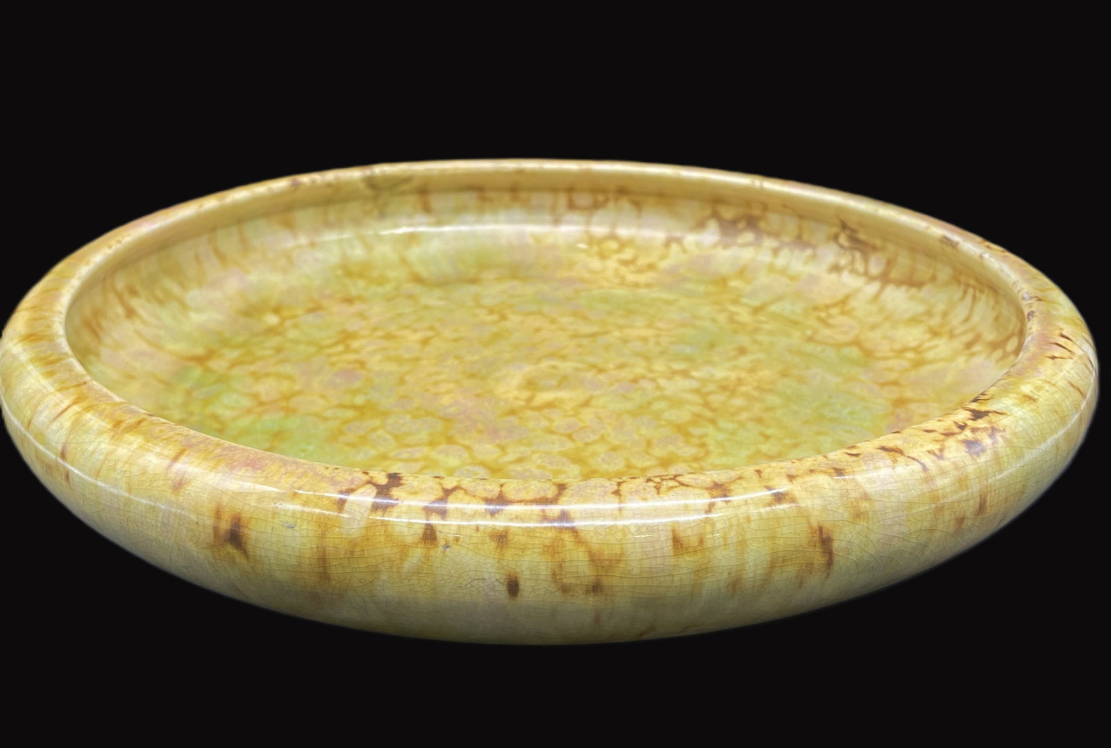 RARE WELLER YELLOW GREEN TONE GLAZED POTTERY BOWL: Title: RARE WELLER YELLOW GREEN TONE GLAZED POTTERY BOWL Date/Period: approx early 1900-1930's Dimension: approx 12 x 3 Material: pottery Additional Information: RARE WELLER YELLOW GREEN TONE GLAZED P