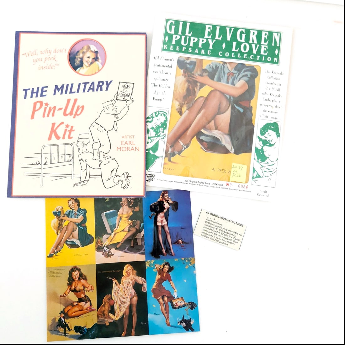 Pin-Up Collector Kits Elvgren & Moran: Title: Pin-Up Collector Kits Elvgren & Moran Description: 1994 Gil Elvgren Puppy Love Keepsake Pinup Collection This collection includes six 6" by 9" full color cards and a mini press sheet of uncut c