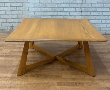 Heywood Wakefield Mid Century Blonde X Base Square Coffee Table: Vintage from the 1950s Materials: wood Width: 36 inches Height: 16 inches Depth: 36 inches Mid Century Modern Heywood Wakefield X Base Square Coffee Table The Heywood-Wakefield X Base Square Coffee Ta