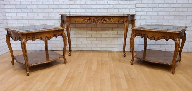 Vintage French Country Console Table and 2 Side Tables by Thomasville Furniture - 3 Piece Set: Vintage from the 1970s Materials: wood, glass, pecan Vintage French Country Inlaid Glass Top End Tables with Matching Console Table by Thomasville Furniture Company - 3 Piece Set French Provincial art