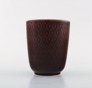 Nils Thorsson for Aluminia. "Marselis" faience vase with geometric pattern in beautiful ox blood