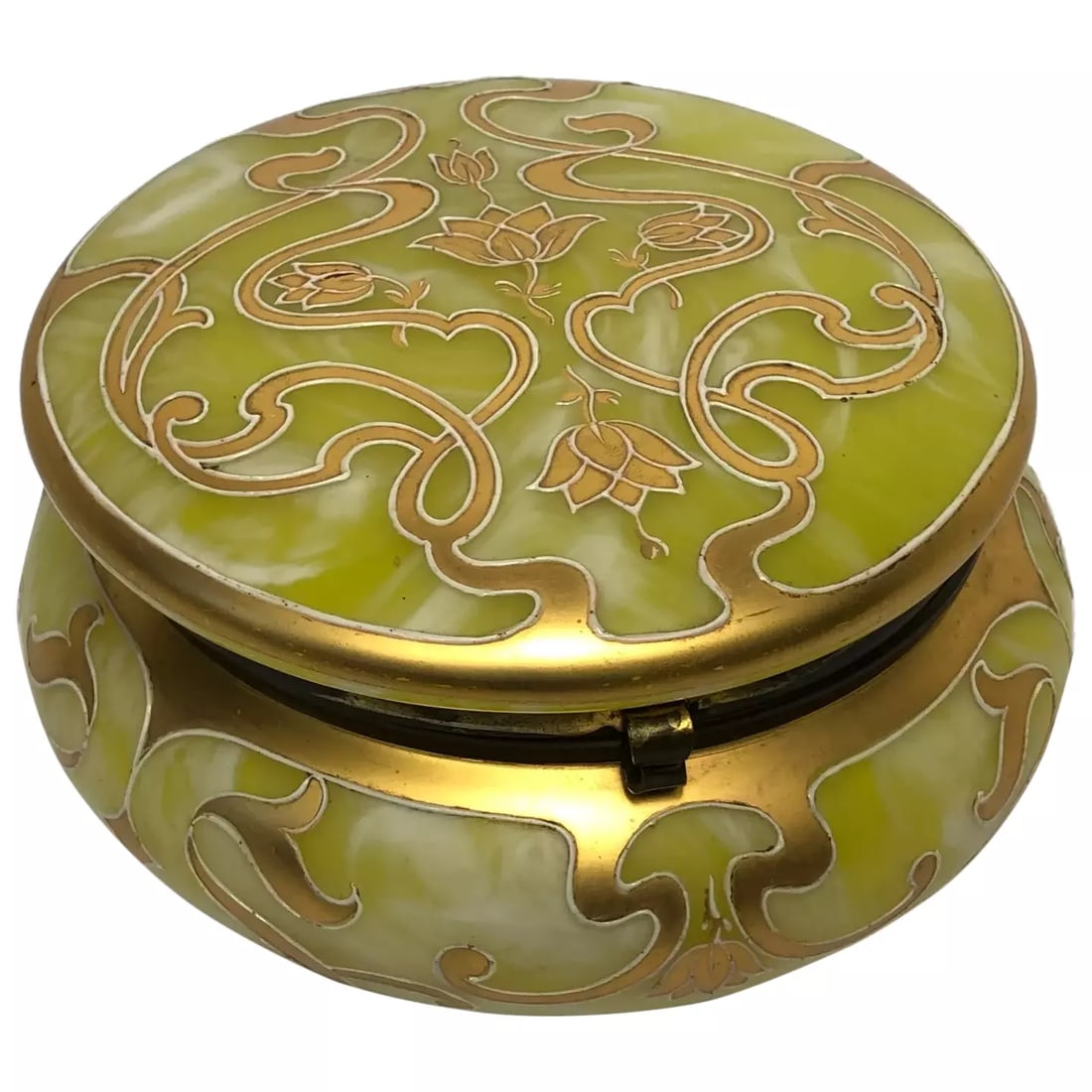 Beautiful Art Nouveau Loetz Jugendstil Art Glass Trinket Box: Art Nouveau Loetz Jugendstil Art Glass Yellow Round Gilt Floral Trinket Box 1 Rare Antique Original Art Nouveau Loetz Art Glass Round Gilt Floral Trinket Box. Made from the finest quality glass. Lidde