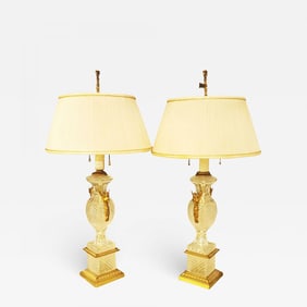Pair of Hollywood Regency Style Fine Glass Lamps with Swan Handles
