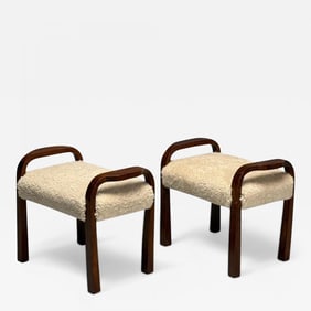 Italian Mid-Century Modern, Footstools, Beige Shearling, Mahogany, Italy, 1950s