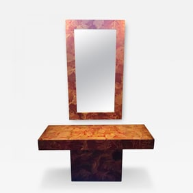 MCM Gold Leave Design Decoupage Painted Console Vanity with Matching Mirror