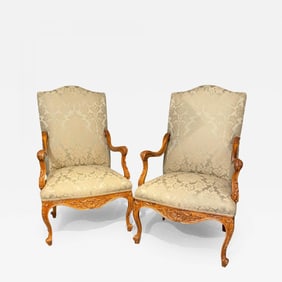 Louis XVI Style Antique Arm, Throne Chairs Finely Upholstered a Pair