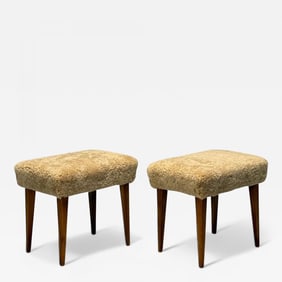 Mid-Century Modern, Footstools, Honey Sheepskin, Stained Wood, Italy, 1950s