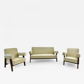 Authentic Pierre Jeanneret Upholstered Bridge Sofa/Chair Set, Mid-Century Modern