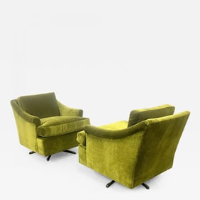 Pair Mid-Century Modern Swivel Arm, Lounge Chairs, Olive Green Velvet, American
