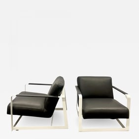 Pair of Mid-Century Modern Lounge Chairs, Leather, Steel Base, American, 1980s