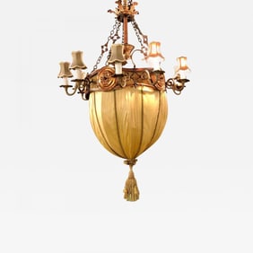 Palatial Light Fixture in Copper, Brass and Iron with Silk Dome Shade