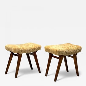 Italian Mid-Century Modern, Rustic Stools, Honey Shearling, Stained Wood, 1950s