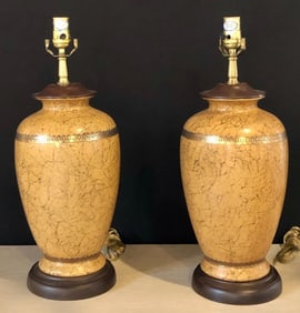 Pair of Ceramic Lamps with Gold Trim and Crackle Finish Wooden Base Bottom