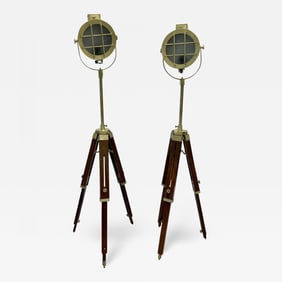 Pair of Industrial Style Search Lights, Mahogany Tri-Pod Base