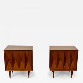 Pair of Danish Mid-Century Modern Style Geometric Nightstands, Walnut, Brass