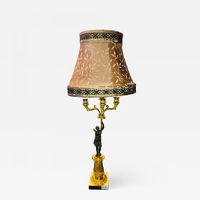 Empire Doré Bronze Candelabra Lamp Having a Patinated Woman Mounted as a Lamp