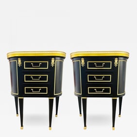 Pair of Jansen Inspired Marble-Top Galleried Ebonized End Tables / Nightstands