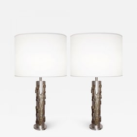 A Pair of Modernist Table Lamps, Brushed Nickel and Sculptural Metal, 1970s