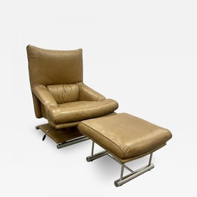 Vintage Leather Swivel, Lounge Chair With Ottoman, Percival Lafer Style, Steel