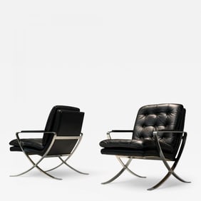American Mid-Century Modern, Black Leather, Chrome, Lounge Chairs, USA, 1980s