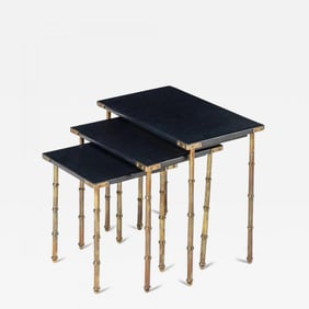 Jacques Adnet, French Mid-Century Modern, Nesting Tables, Leather, Brass, 1950s