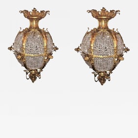 Pair of Palatial Doré Bronze Circular Crystal Beaded Ball Chandeliers