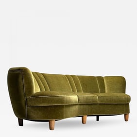 Danish Cabinetmaker, Mid-Century Modern Curved Banana Sofa, Beech, Green Velvet