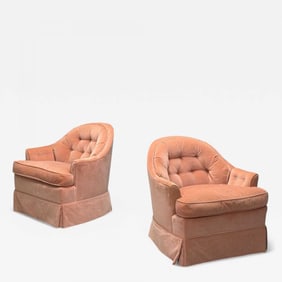 Neoclassical, Pink Mohair, Stained Wood, Traditional Lounge Chairs, USA, 1970s