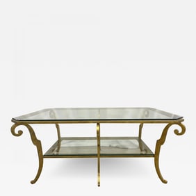 Neoclassical Style Large Gilt Metal Frame Coffee Table, Glass Top, French