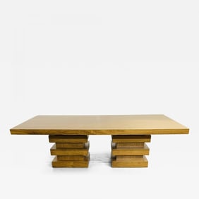 Modern Oak Double Pedestal Base Dining / Conference Table, Geometric Design