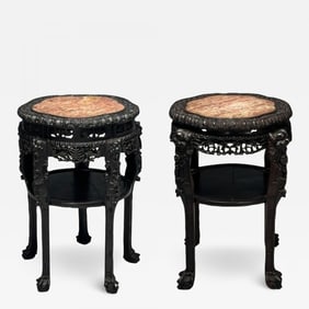 Chinese Heavily Carved, Occasional Tables or Pedestals, Teak, Marble, 1920s