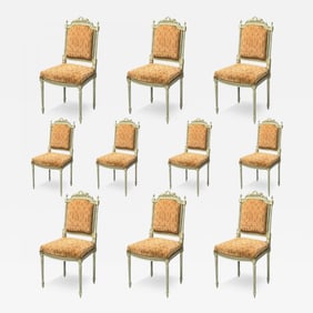 Swedish Louis XVI Style, Ten Dining Chairs, Grey Carved Wood, Fabric, 20th C.